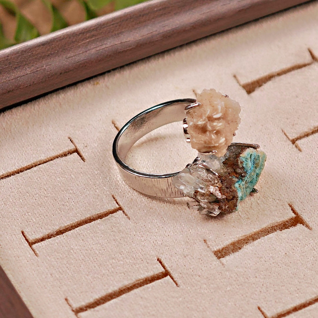 Raw Calcite&Garnet Adjustable Ring – Natural Mineral Stone Ring, Handmade One of a Kind Jewelry-057