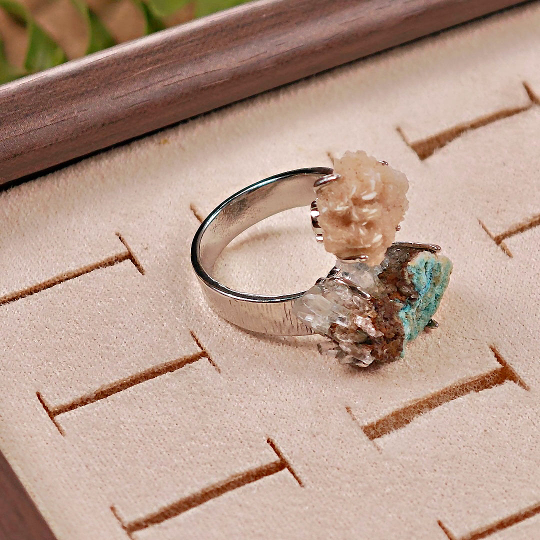 Raw Calcite&Garnet Adjustable Ring – Natural Mineral Stone Ring, Handmade One of a Kind Jewelry-057