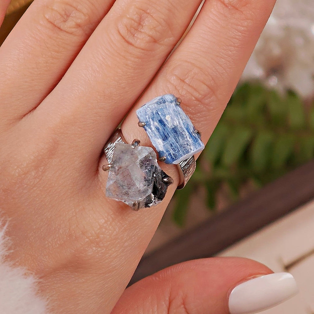 Raw Kyanite&Fluorite Adjustable Ring – Natural Mineral Stone Ring, Handmade One of a Kind Jewelry-058