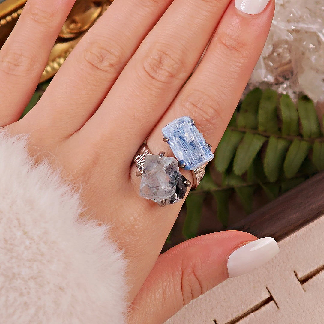 Raw Kyanite&Fluorite Adjustable Ring – Natural Mineral Stone Ring, Handmade One of a Kind Jewelry-058