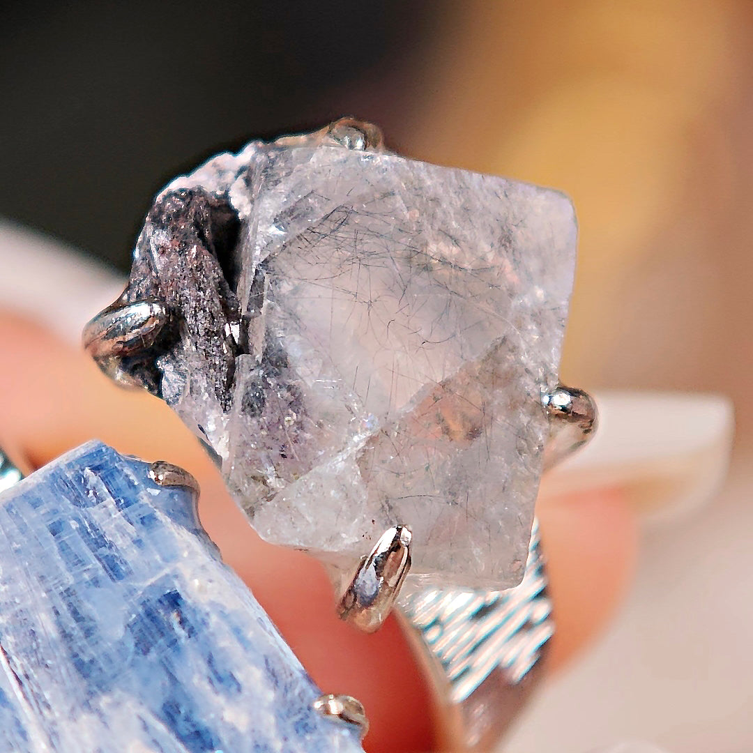 Raw Kyanite&Fluorite Adjustable Ring – Natural Mineral Stone Ring, Handmade One of a Kind Jewelry-058