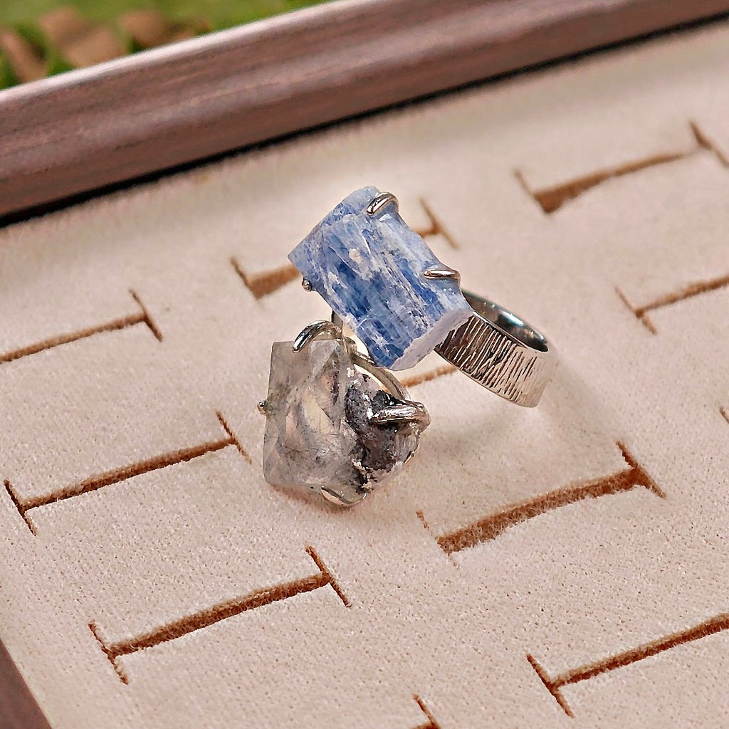 Raw Kyanite&Fluorite Adjustable Ring – Natural Mineral Stone Ring, Handmade One of a Kind Jewelry-058
