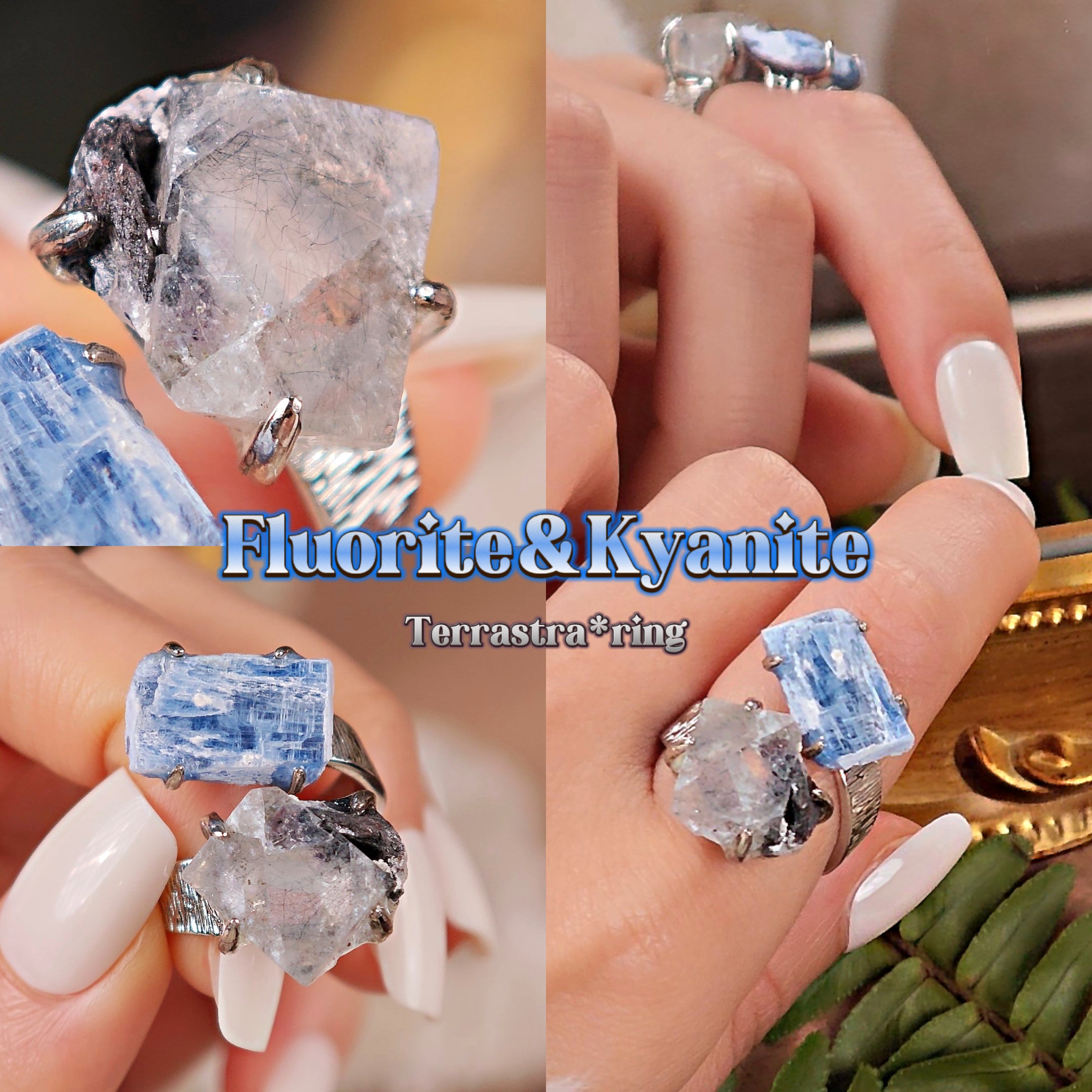Raw Kyanite&Fluorite Adjustable Ring – Natural Mineral Stone Ring, Handmade One of a Kind Jewelry-058