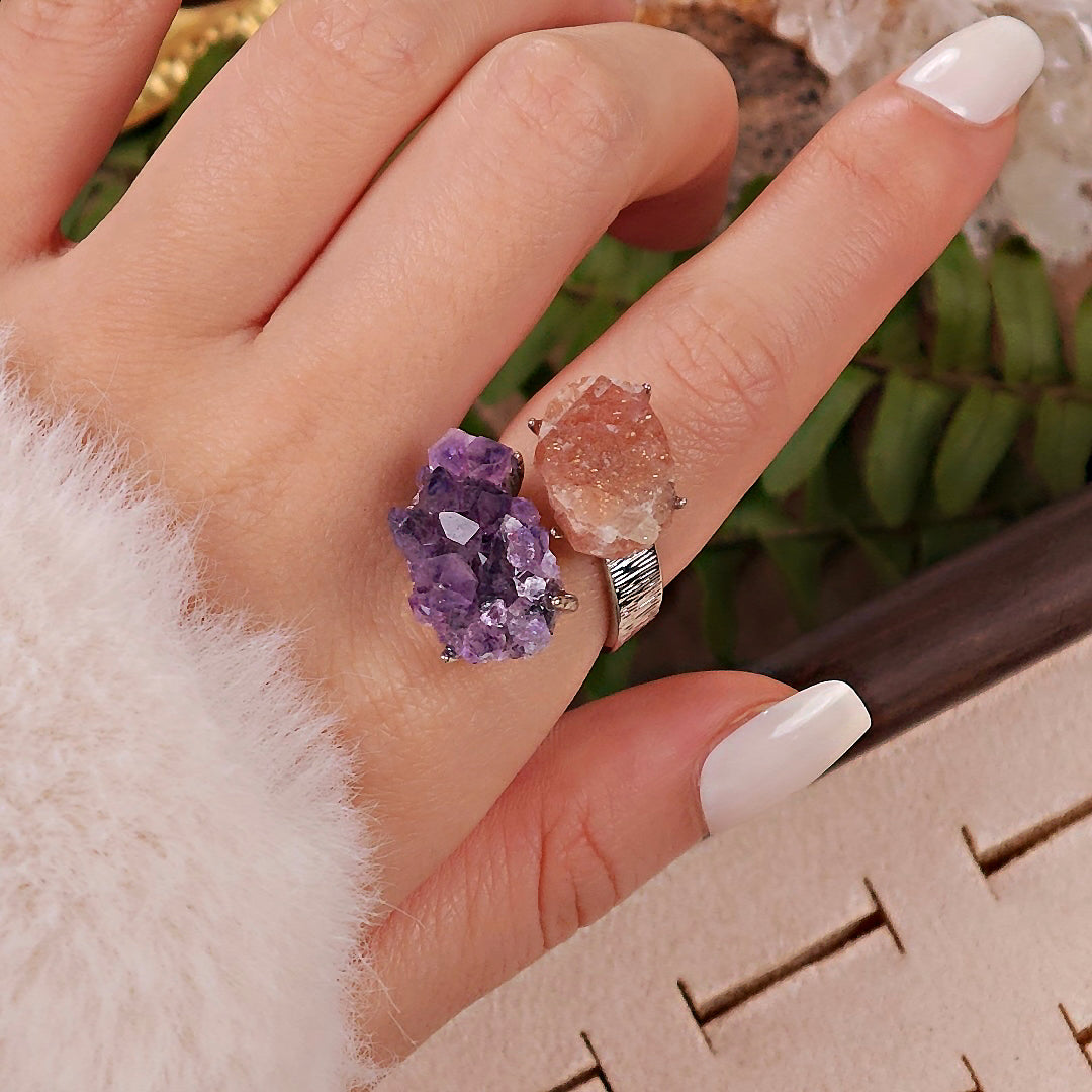 Raw Amethyst&Sunstone Adjustable Ring – Natural Mineral Stone Ring, Handmade One of a Kind Jewelry-059