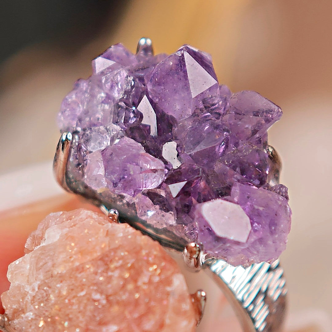 Raw Amethyst&Sunstone Adjustable Ring – Natural Mineral Stone Ring, Handmade One of a Kind Jewelry-059