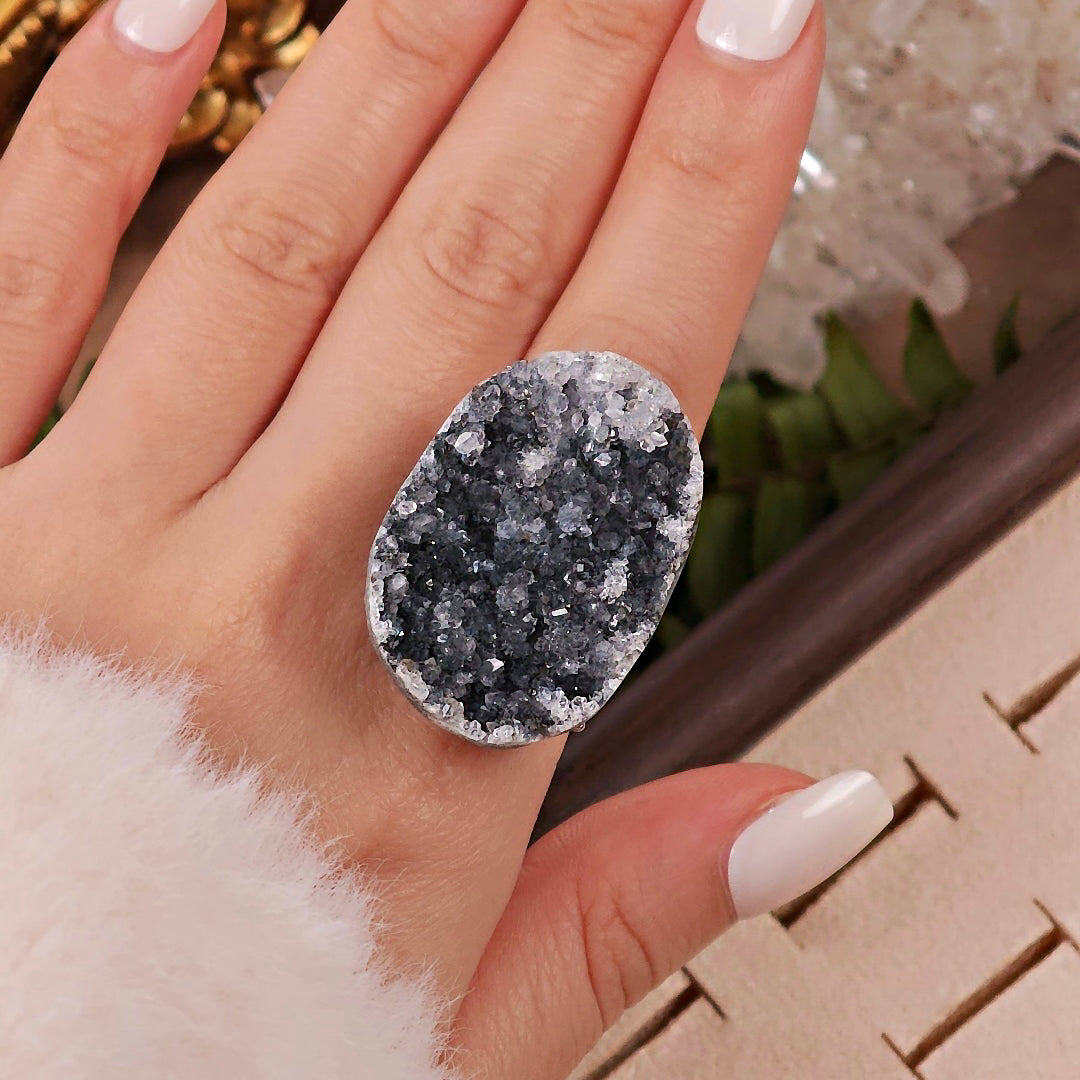 Raw Druzy Quartz Adjustable Ring – Natural Mineral Stone Ring, Handmade One of a Kind Jewelry-061