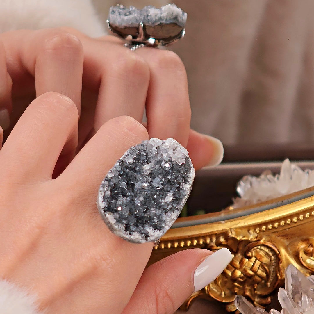 Raw Druzy Quartz Adjustable Ring – Natural Mineral Stone Ring, Handmade One of a Kind Jewelry-061