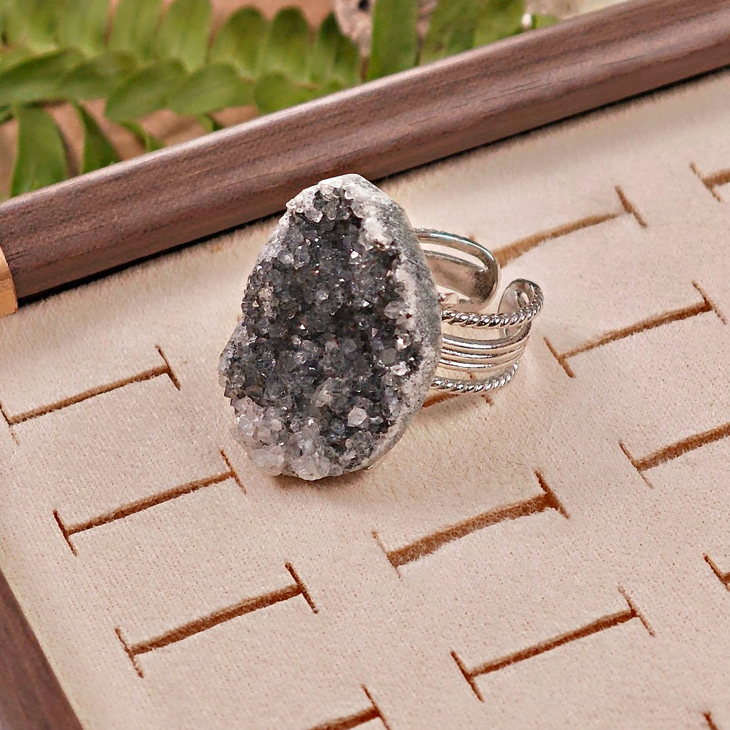Raw Druzy Quartz Adjustable Ring – Natural Mineral Stone Ring, Handmade One of a Kind Jewelry-061