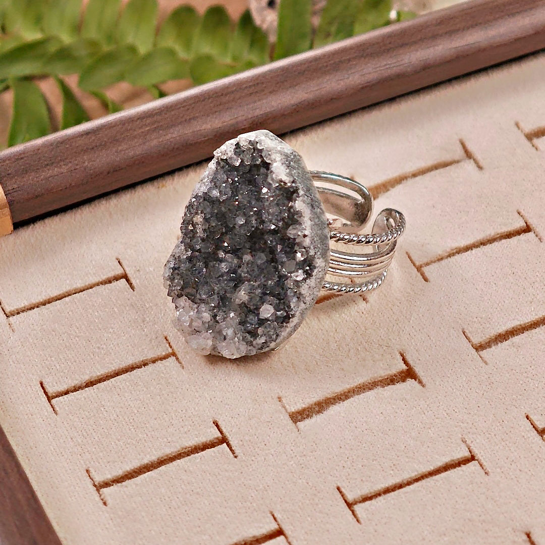 Raw Druzy Quartz Adjustable Ring – Natural Mineral Stone Ring, Handmade One of a Kind Jewelry-061