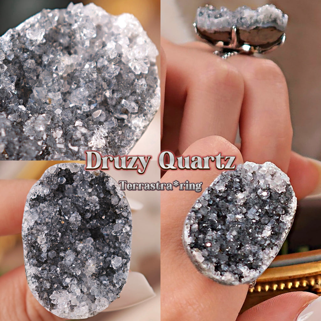 Raw Druzy Quartz Adjustable Ring – Natural Mineral Stone Ring, Handmade One of a Kind Jewelry-061