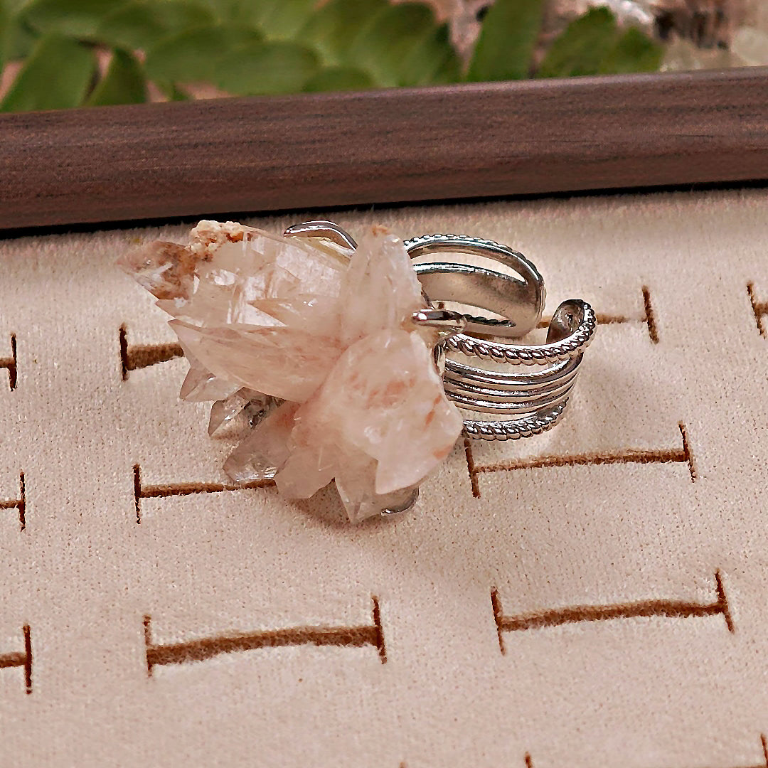 Raw Pink Calcite Adjustable Ring – Natural Mineral Stone Ring, Handmade One of a Kind Jewelry-064