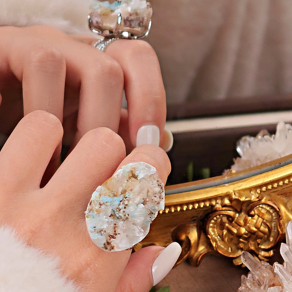 Raw Gibbsite Adjustable Ring – Natural Mineral Stone Ring, Handmade One of a Kind Jewelry-065