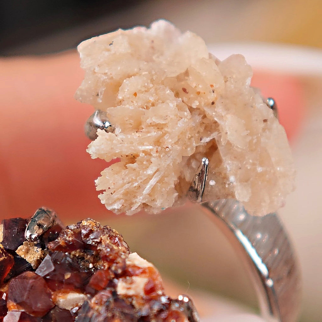 Raw Garnet&Calcite Adjustable Ring – Natural Mineral Stone Ring, Handmade One of a Kind Jewelry-066