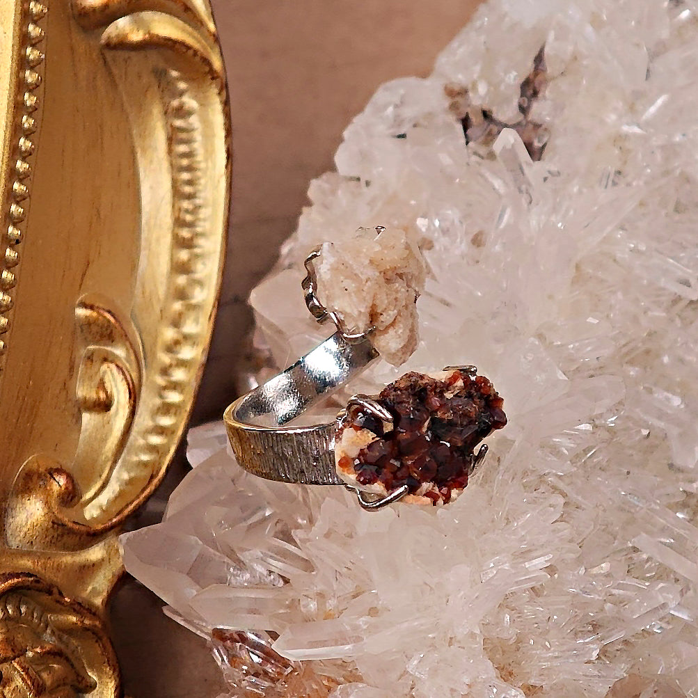 Raw Garnet&Calcite Adjustable Ring – Natural Mineral Stone Ring, Handmade One of a Kind Jewelry-066