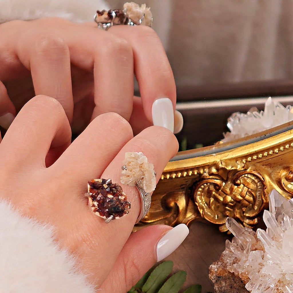 Raw Garnet&Calcite Adjustable Ring – Natural Mineral Stone Ring, Handmade One of a Kind Jewelry-066
