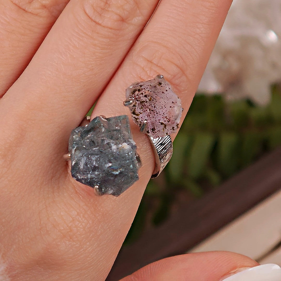 Raw Fluorite&Garden Quartz Adjustable Ring – Natural Mineral Stone Ring, Handmade One of a Kind Jewelry-067