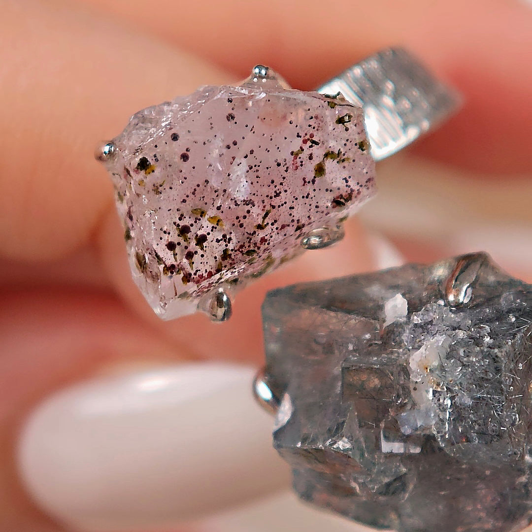 Raw Fluorite&Garden Quartz Adjustable Ring – Natural Mineral Stone Ring, Handmade One of a Kind Jewelry-067