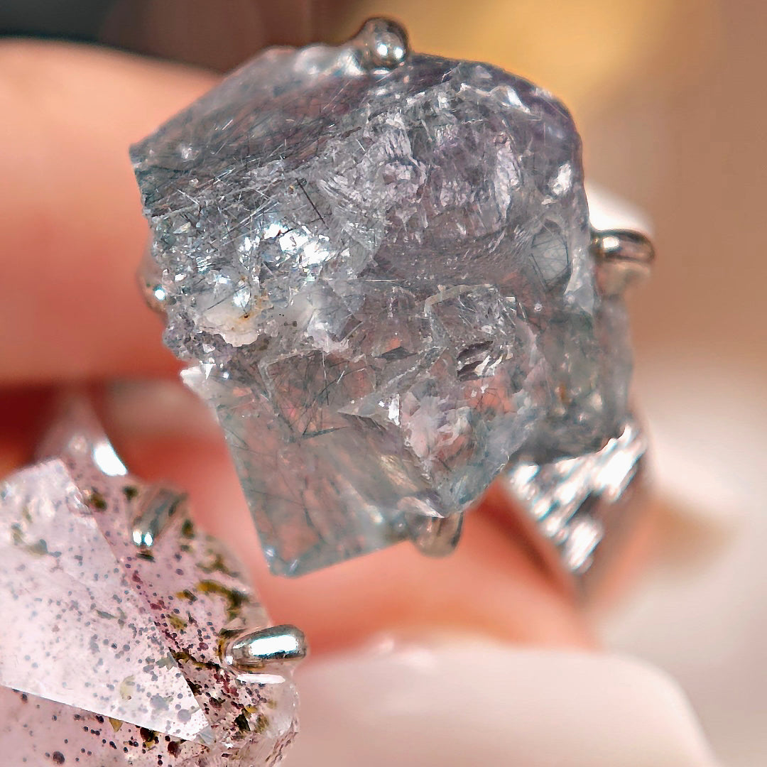 Raw Fluorite&Garden Quartz Adjustable Ring – Natural Mineral Stone Ring, Handmade One of a Kind Jewelry-067