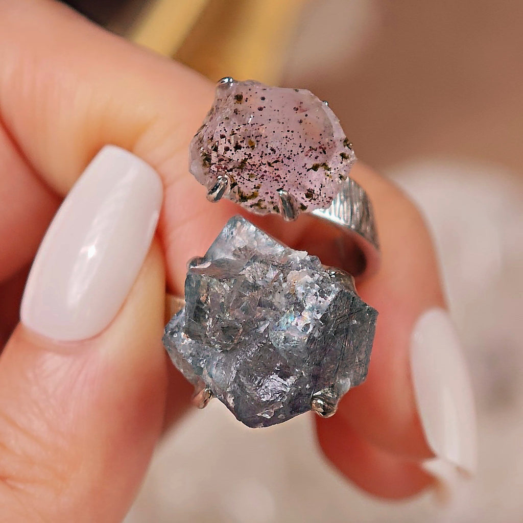 Raw Fluorite&Garden Quartz Adjustable Ring – Natural Mineral Stone Ring, Handmade One of a Kind Jewelry-067