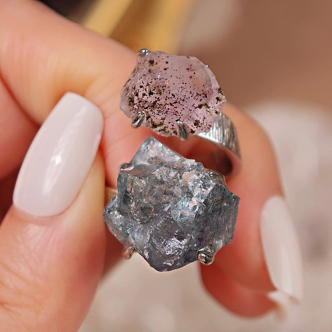 Raw Fluorite&Garden Quartz Adjustable Ring – Natural Mineral Stone Ring, Handmade One of a Kind Jewelry-067