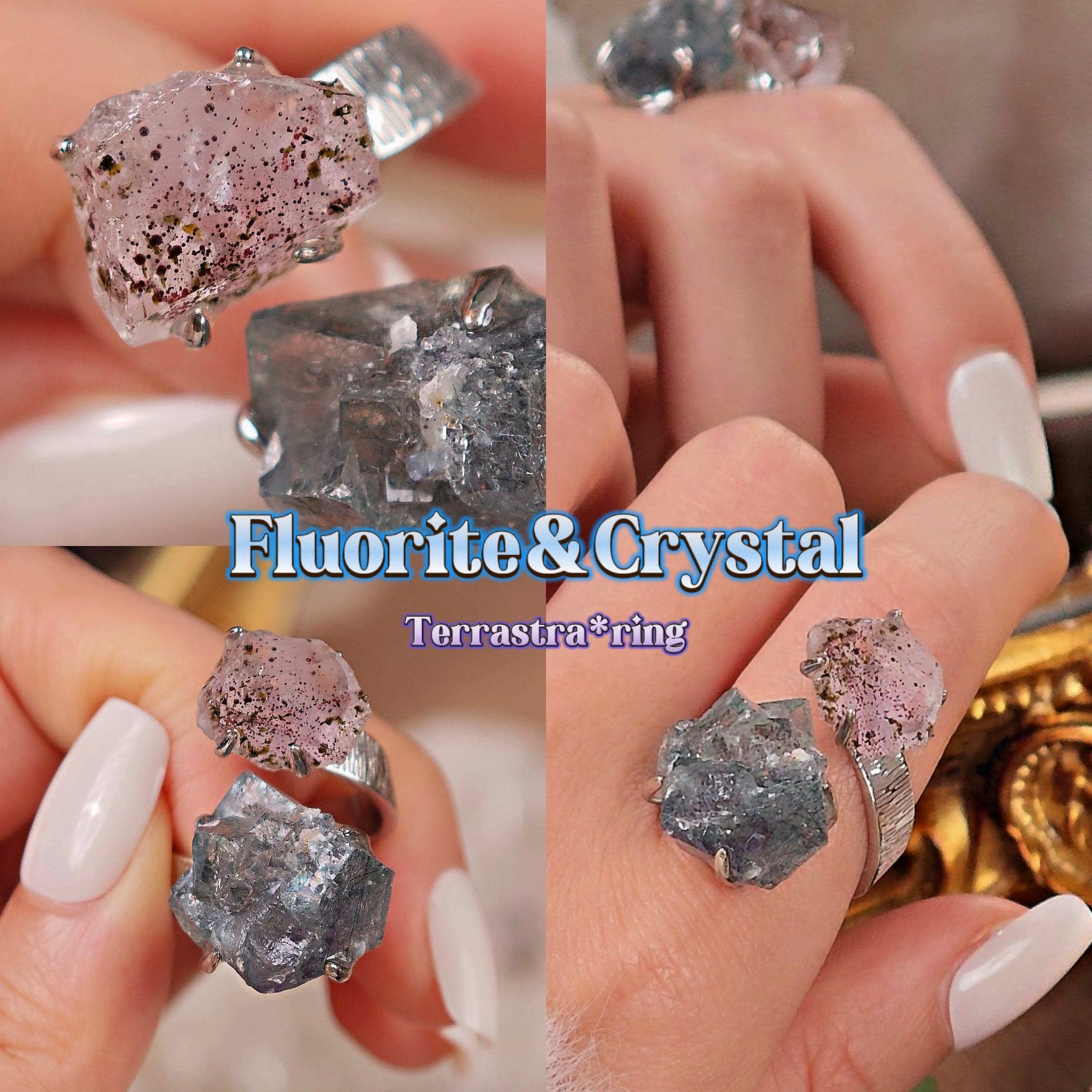 Raw Fluorite&Garden Quartz Adjustable Ring – Natural Mineral Stone Ring, Handmade One of a Kind Jewelry-067