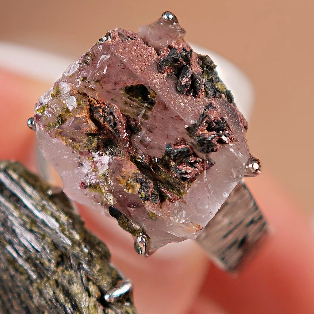 Raw Quartz&Green Tourmaline Adjustable Ring – Natural Mineral Stone Ring, Handmade One of a Kind Jewelry-068