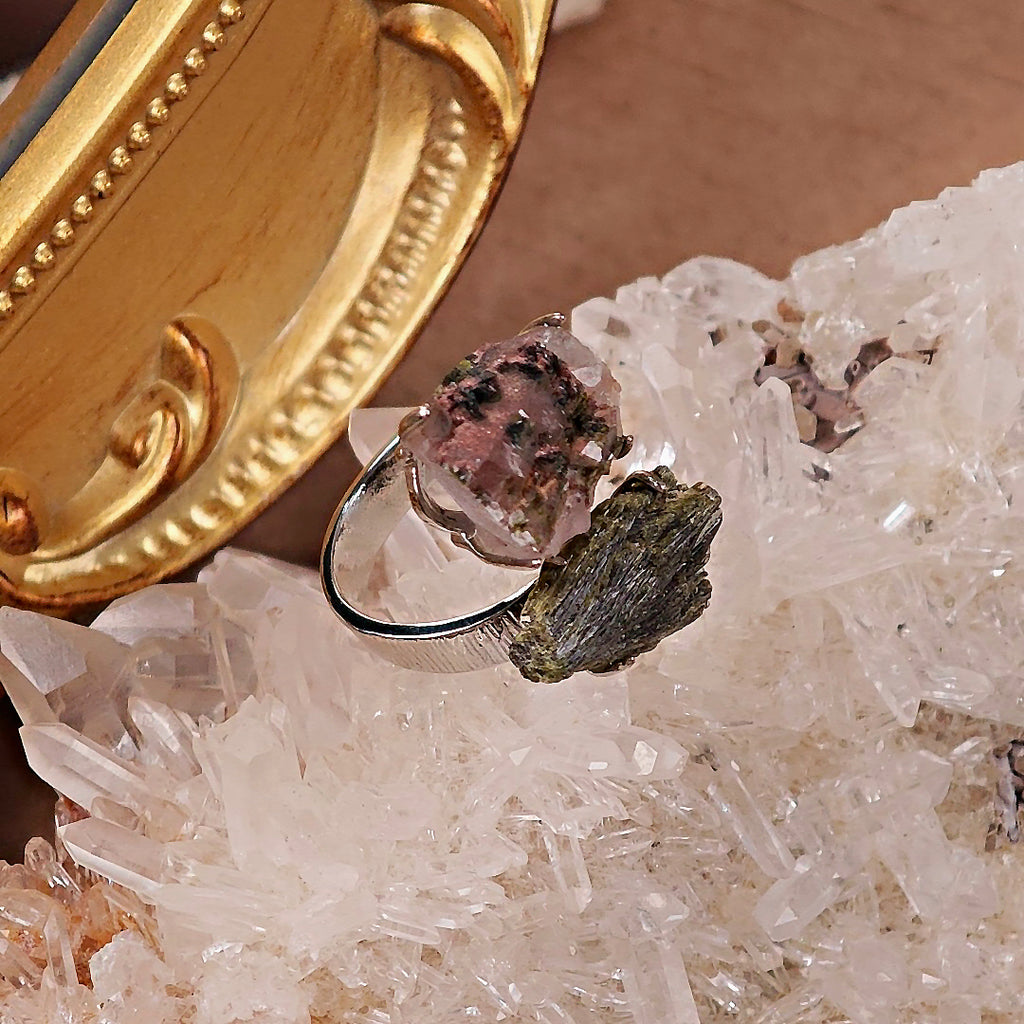 Raw Quartz&Green Tourmaline Adjustable Ring – Natural Mineral Stone Ring, Handmade One of a Kind Jewelry-068