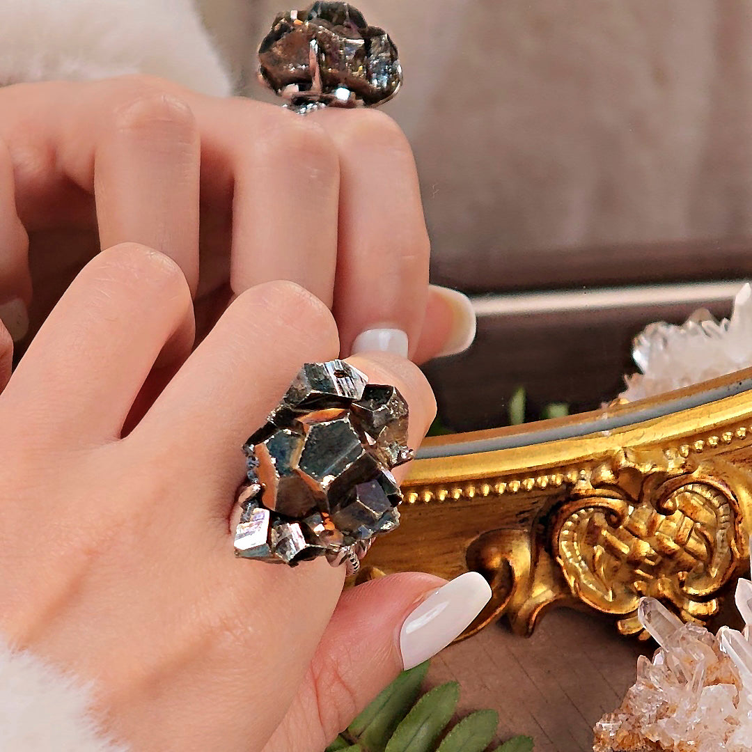 Raw Chalcopyrite Adjustable Ring – Natural Mineral Stone Ring, Handmade One of a Kind Jewelry-069