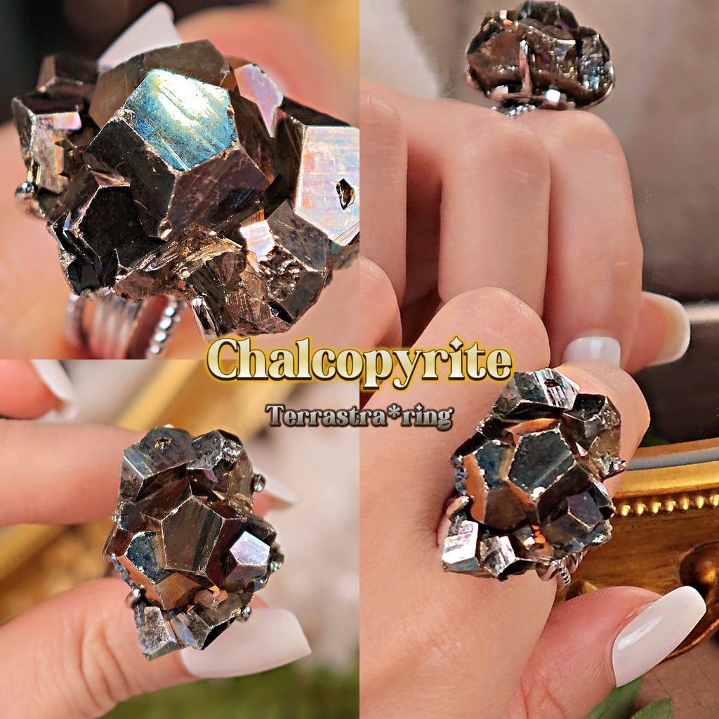 Raw Chalcopyrite Adjustable Ring – Natural Mineral Stone Ring, Handmade One of a Kind Jewelry-069