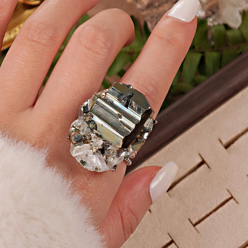 Raw Chalcopyrite Adjustable Ring – Natural Mineral Stone Ring, Handmade One of a Kind Jewelry-070