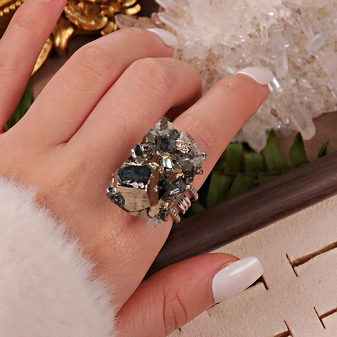 Raw Chalcopyrite Adjustable Ring – Natural Mineral Stone Ring, Handmade One of a Kind Jewelry-071