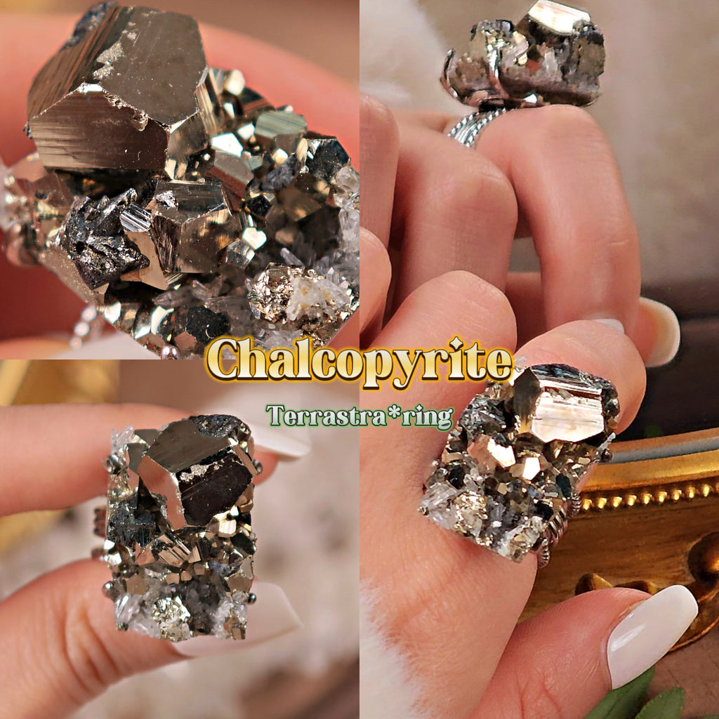 Raw Chalcopyrite Adjustable Ring – Natural Mineral Stone Ring, Handmade One of a Kind Jewelry-071