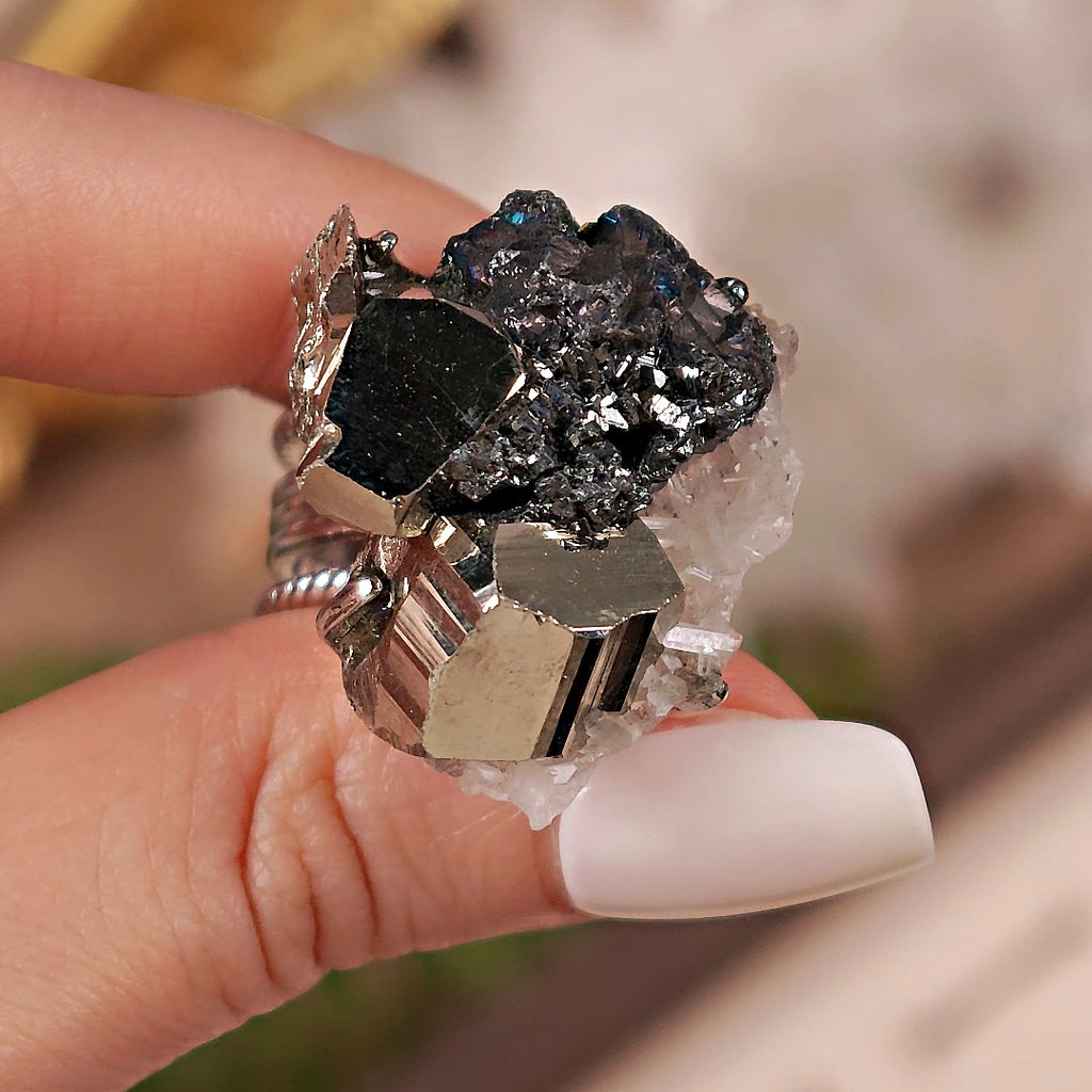 Raw Chalcopyrite Adjustable Ring – Natural Mineral Stone Ring, Handmade One of a Kind Jewelry-073