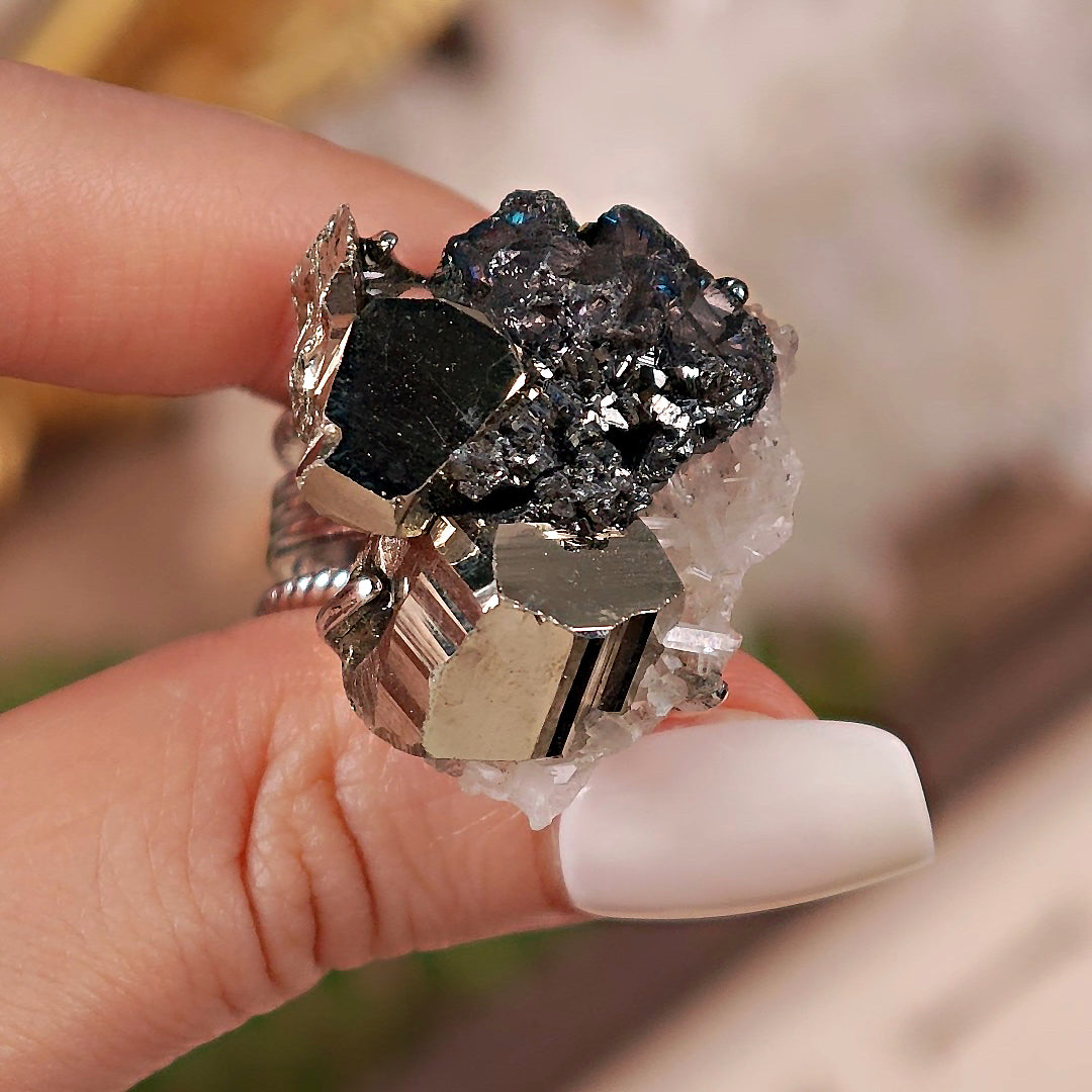 Raw Chalcopyrite Adjustable Ring – Natural Mineral Stone Ring, Handmade One of a Kind Jewelry-073
