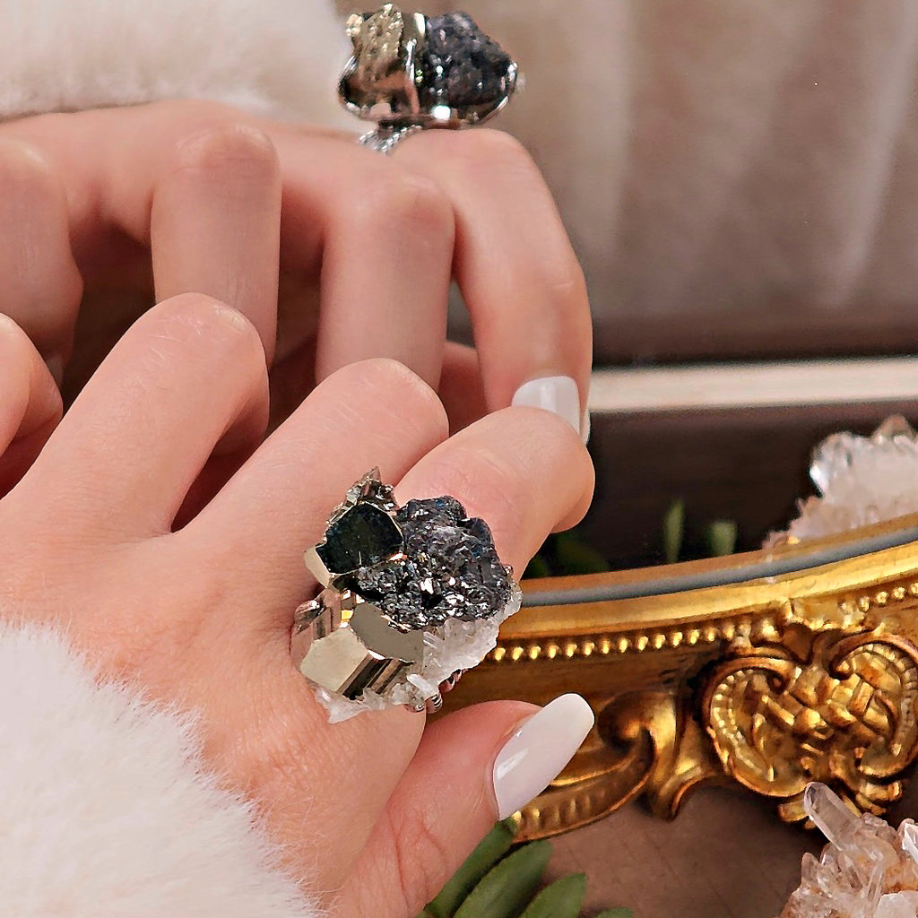 Raw Chalcopyrite Adjustable Ring – Natural Mineral Stone Ring, Handmade One of a Kind Jewelry-073