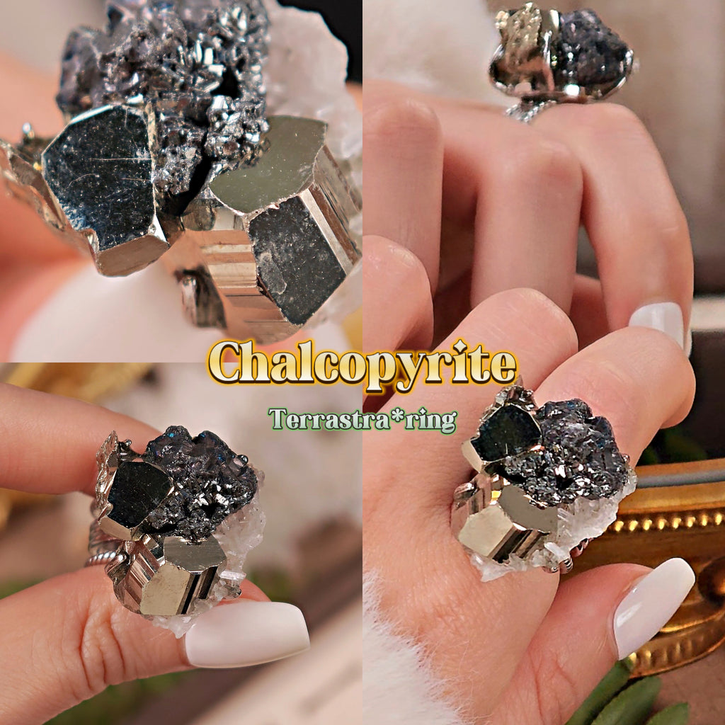 Raw Chalcopyrite Adjustable Ring – Natural Mineral Stone Ring, Handmade One of a Kind Jewelry-073