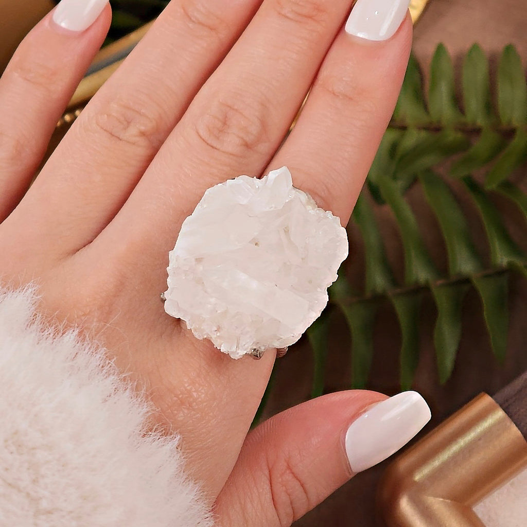 Raw White Crystal Adjustable Ring – Natural Mineral Stone Ring, Handmade One of a Kind Jewelry-074