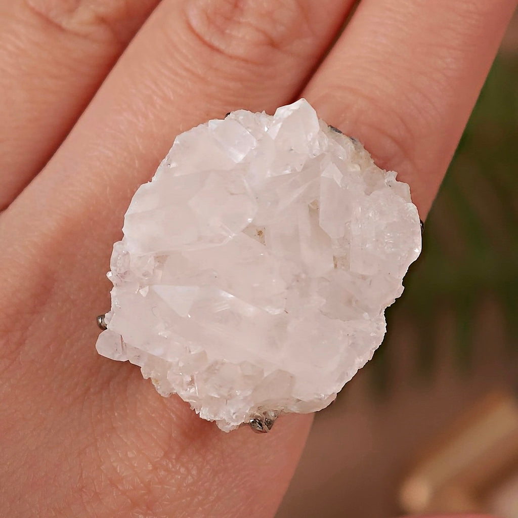 Raw White Crystal Adjustable Ring – Natural Mineral Stone Ring, Handmade One of a Kind Jewelry-074