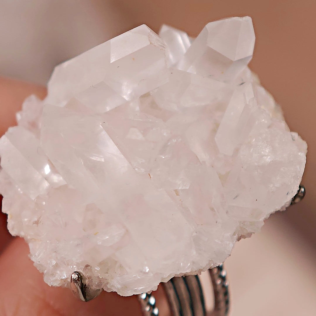 Raw White Crystal Adjustable Ring – Natural Mineral Stone Ring, Handmade One of a Kind Jewelry-074