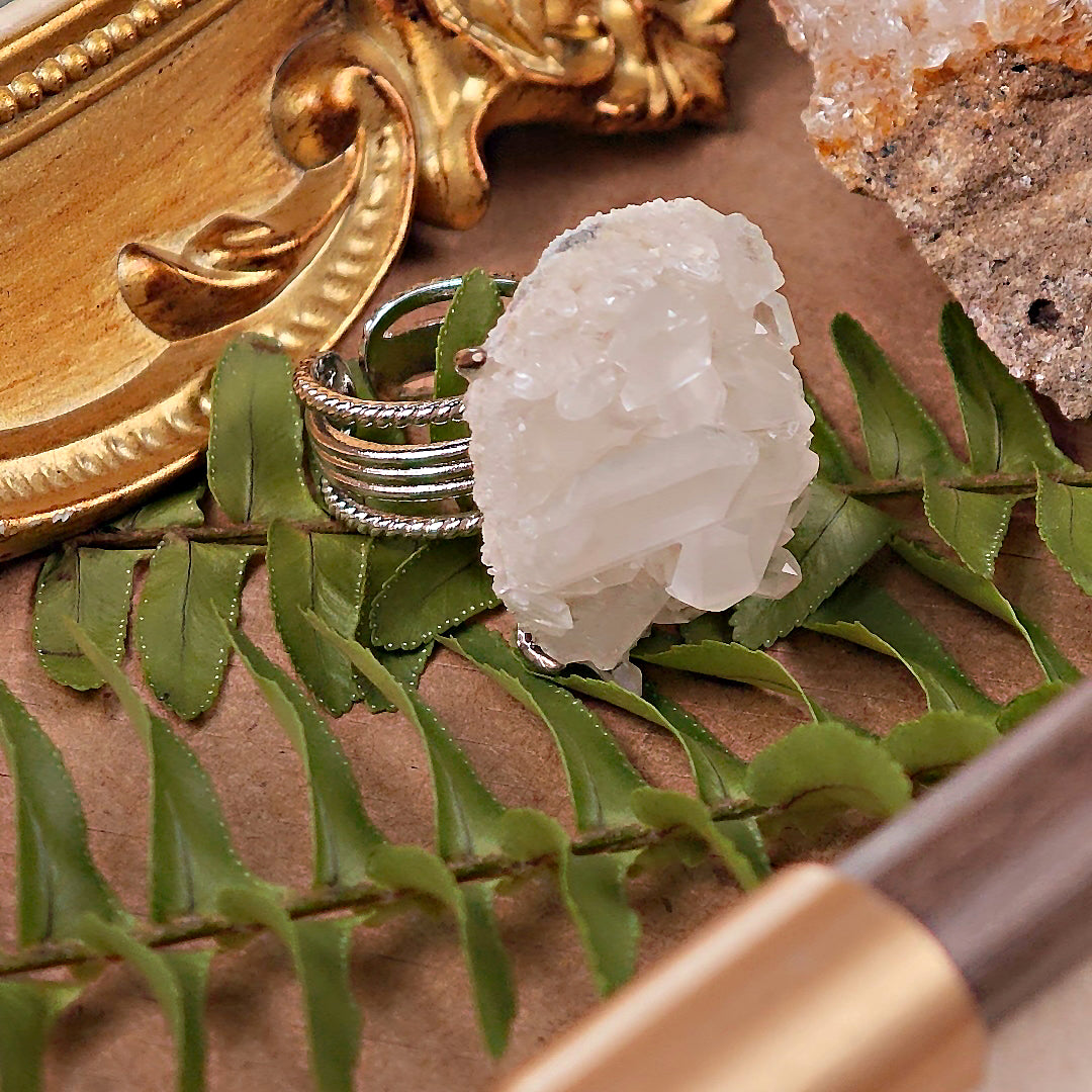Raw White Crystal Adjustable Ring – Natural Mineral Stone Ring, Handmade One of a Kind Jewelry-074