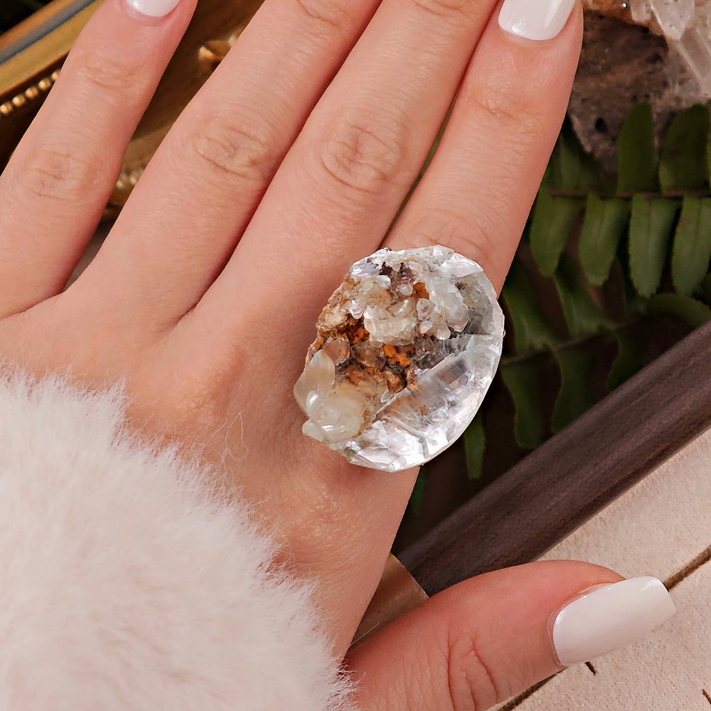 Raw Gibbsite&Gypsum Adjustable Ring – Natural Mineral Stone Ring, Handmade One of a Kind Jewelry-075