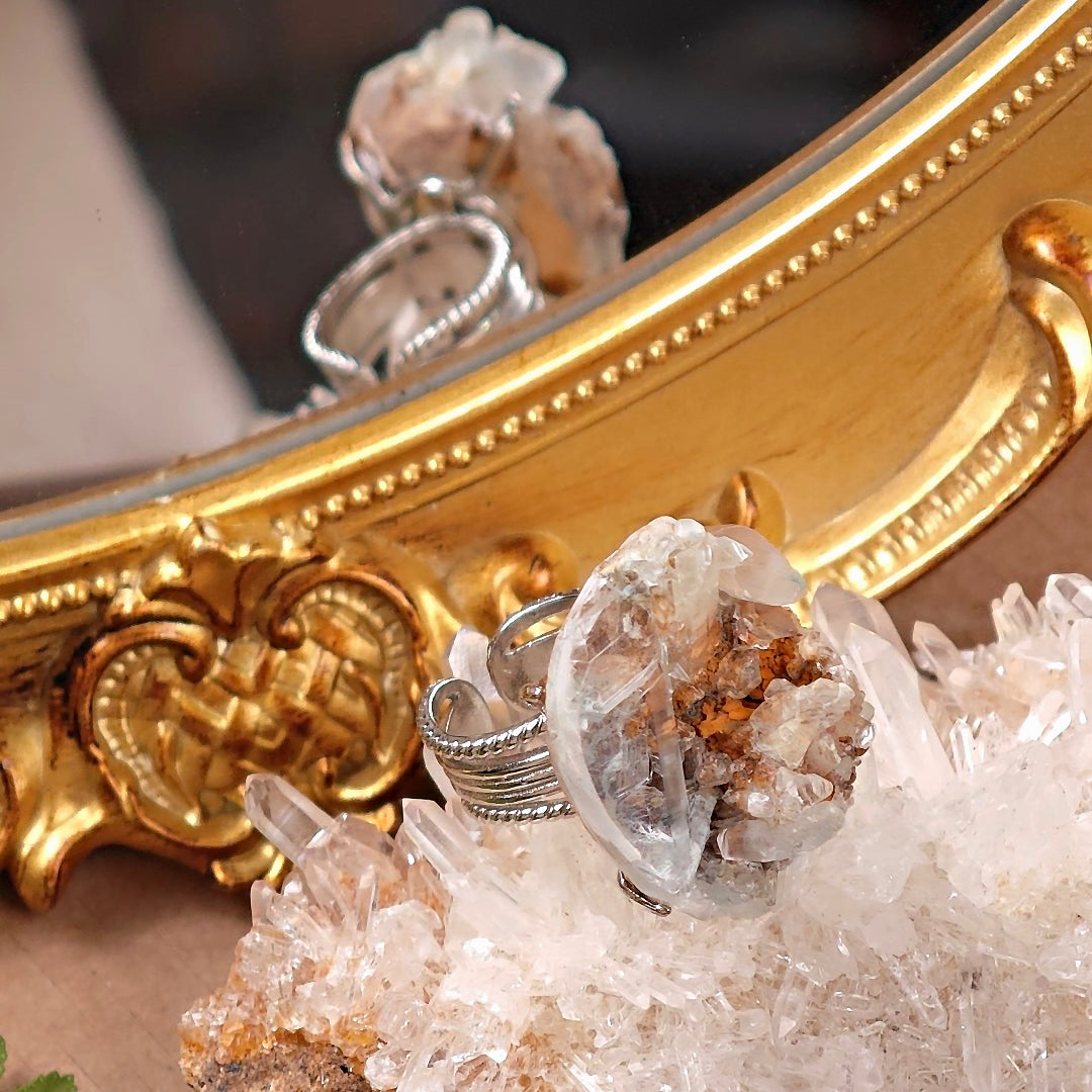 Raw Gibbsite&Gypsum Adjustable Ring – Natural Mineral Stone Ring, Handmade One of a Kind Jewelry-075