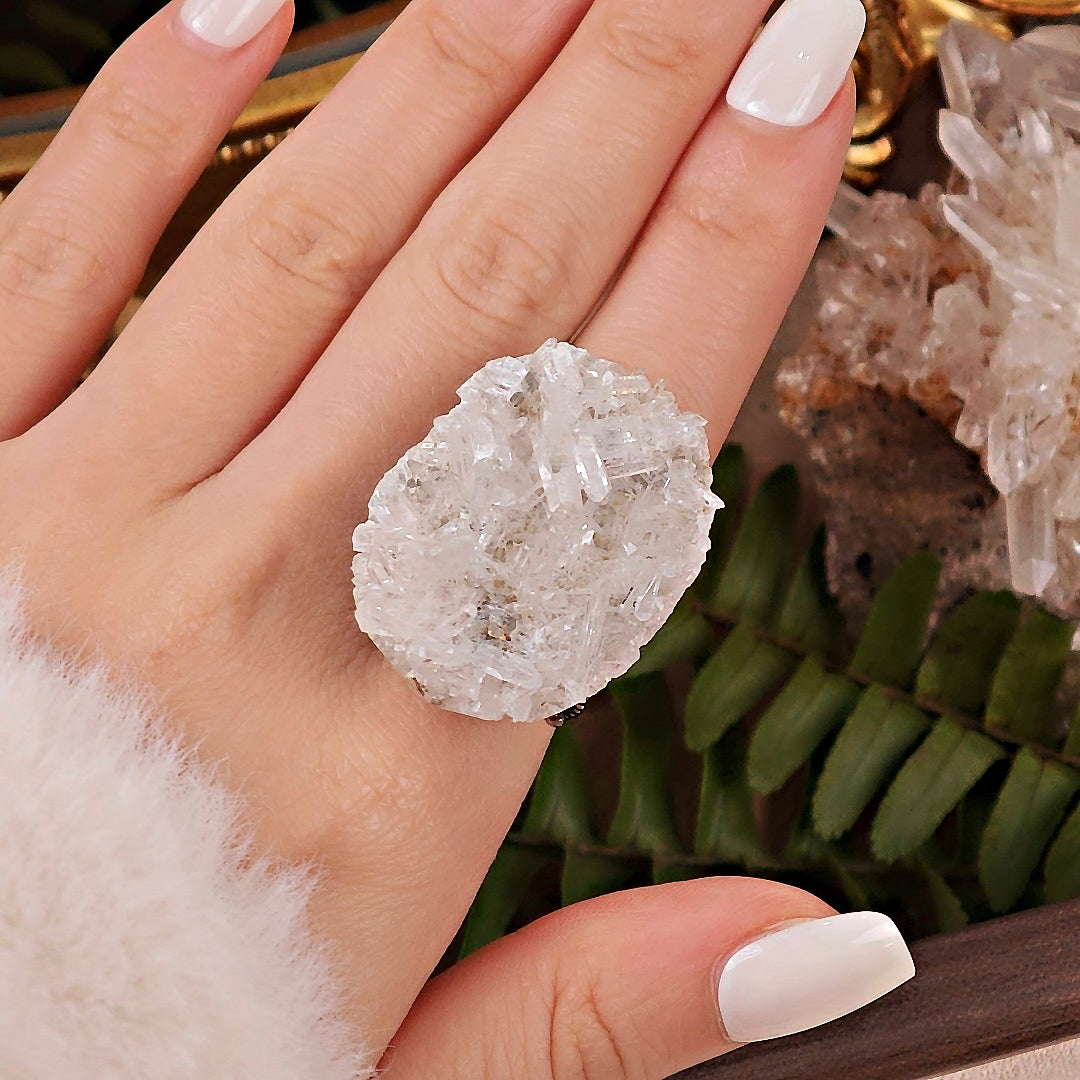 Raw White Crystal Adjustable Ring – Natural Mineral Stone Ring, Handmade One of a Kind Jewelry-078