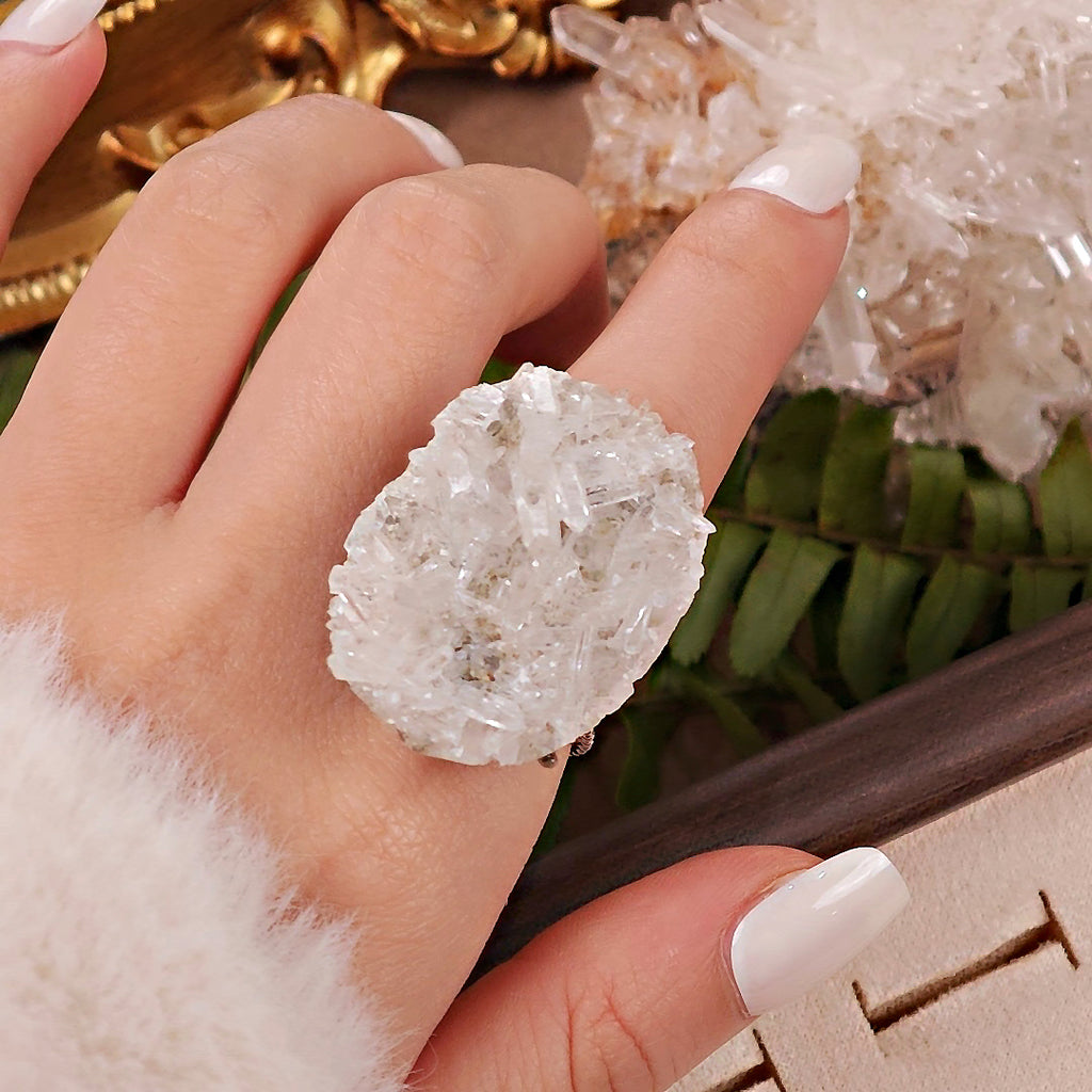 Raw White Crystal Adjustable Ring – Natural Mineral Stone Ring, Handmade One of a Kind Jewelry-078