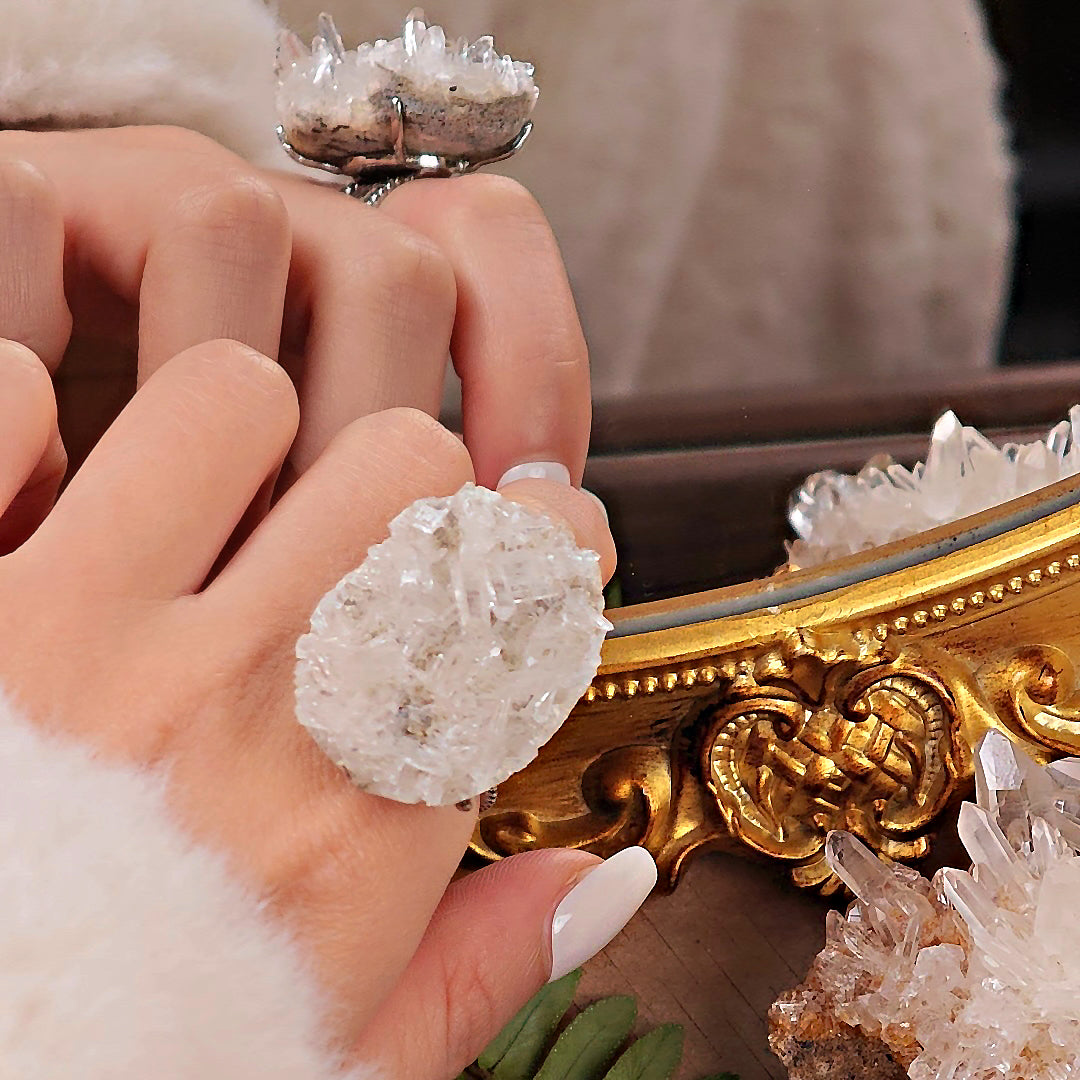 Raw White Crystal Adjustable Ring – Natural Mineral Stone Ring, Handmade One of a Kind Jewelry-078