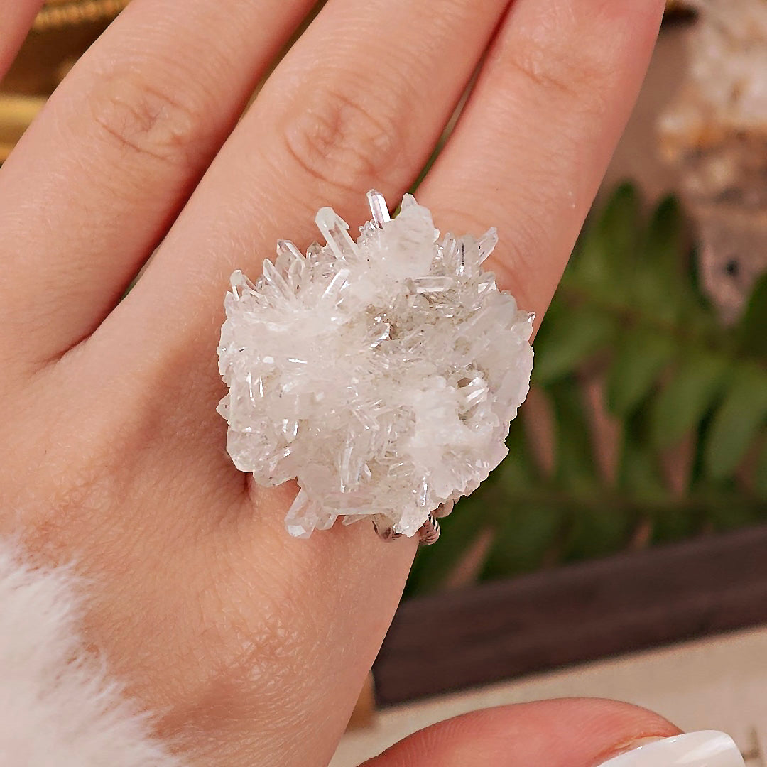 Raw White Crystal Adjustable Ring – Natural Mineral Stone Ring, Handmade One of a Kind Jewelry-080
