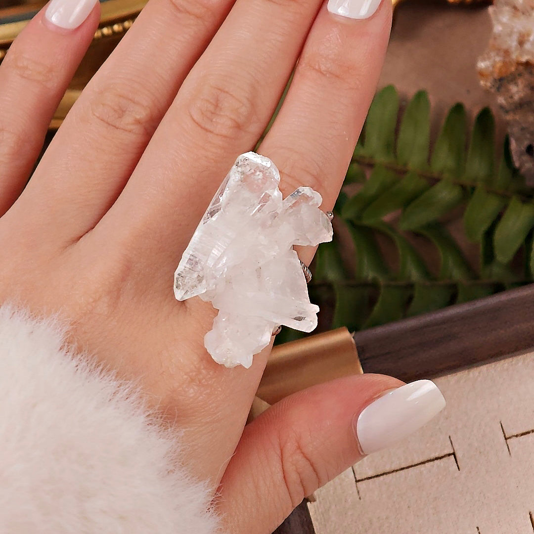 Raw White Crystal Adjustable Ring – Natural Mineral Stone Ring, Handmade One of a Kind Jewelry-081