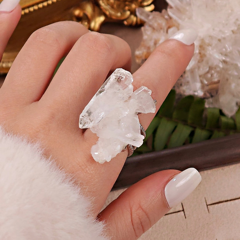 Raw White Crystal Adjustable Ring – Natural Mineral Stone Ring, Handmade One of a Kind Jewelry-081