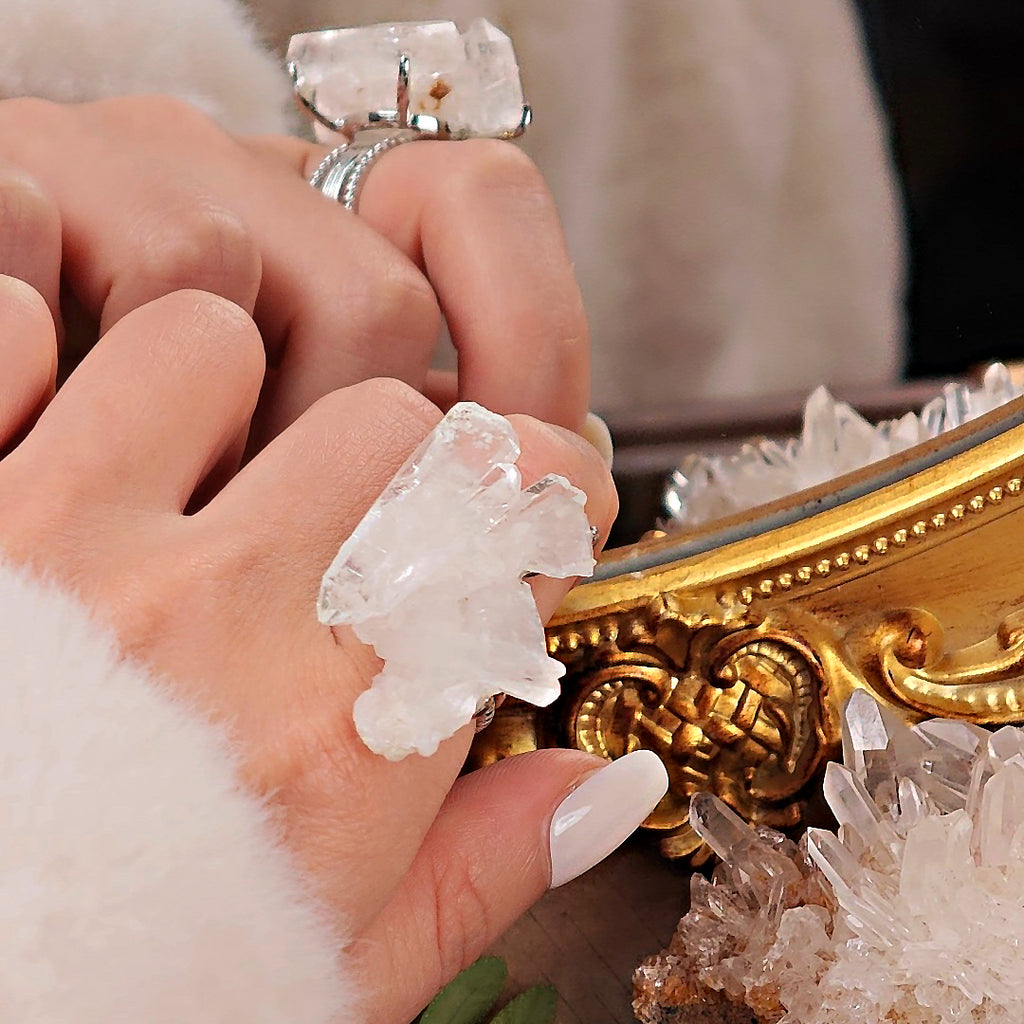 Raw White Crystal Adjustable Ring – Natural Mineral Stone Ring, Handmade One of a Kind Jewelry-081