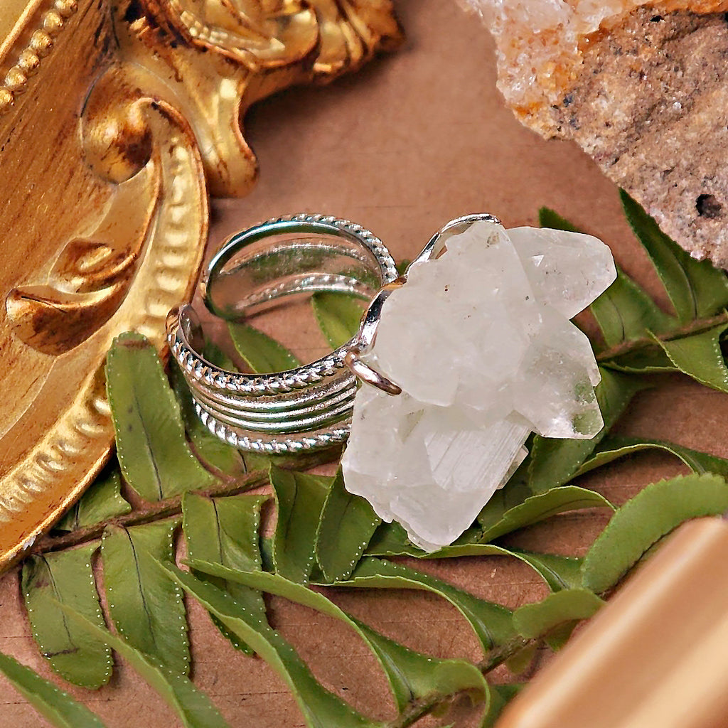 Raw Apophyllite Adjustable Ring – Natural Mineral Stone Ring, Handmade One of a Kind Jewelry-082